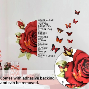 Detail of red rose and butterflies wall sticker with Bible verses on white wall