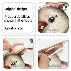 Detail of waterproof cartoon wall sticker showing front and back design and texture