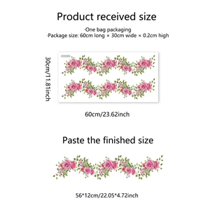 Pink rose floral wall sticker with green leaves and dimensions for home decor