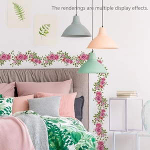 Pink rose floral vine wall stickers for bedroom wall decor, self-adhesive flower border