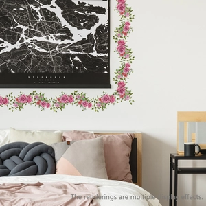 Detailed wall sticker showing pink roses and green vines on a white bedroom wall