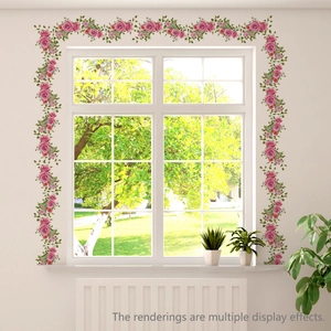 Self-adhesive pink rose vine wall decals used as baseboard and window frame decoration