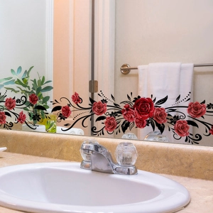 Elegant red rose floral vine wall stickers for bathroom mirror and glass decor