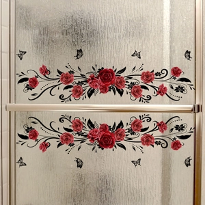 Red Rose Flower Vine Butterfly Window Sticker Double Sided Waterproof PVC Wall Decal For Glass Door Bathroom Home Decor