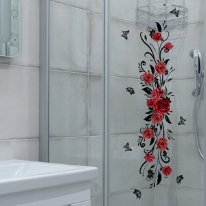 Minimalist red rose vine and butterfly double-sided glass wall sticker for home decor