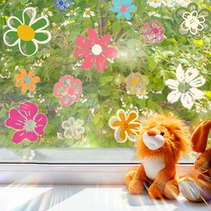 Rainbow sun catcher window decals with colorful floral daisy patterns for glass sun protection