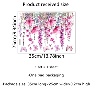 Wandtattoo mit Aquarell-Blumen und lila Schmetterlingen, Größe 35x25cm für Deko