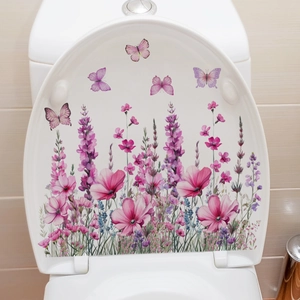 Wasserdichter Aufkleber mit lila Blumen und Schmetterlingen für WC-Dekorationen
