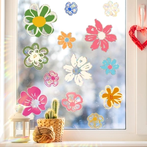 Oil Painting Floral Window Stickers Sun Catcher Static Cling Rainbow Prism Film Double Sided PVC Daisy Flower Decals