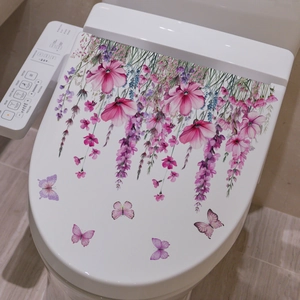 Wasserdichter Toilettendeckel-Aufkleber mit lila Blumen und Schmetterlings-Dekor