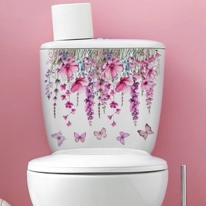 Wasserdichte Aufkleber mit lila Blumen und Schmetterlingen für Badezimmer-Wanddekoration