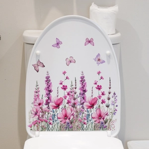 Detailansicht WC-Deckelaufkleber mit lila Blumen und Schmetterlingen Dekor