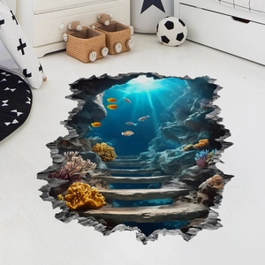 3D ocean world floor sticker with broken wall effect featuring coral reefs and fish