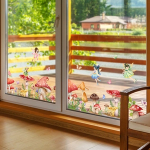 Watercolor fairy and mushroom static window clings for home glass door decoration