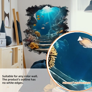 3D ocean world wall sticker with coral reefs and fish in a modern living room setting