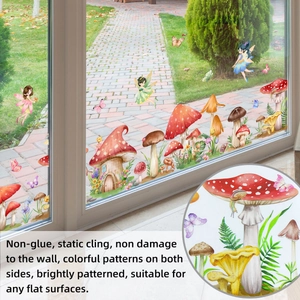 Detail showing static cling window stickers with mushroom fairy designs on glass door