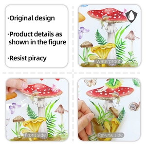 Detail of waterproof mushroom fairy stickers showing front and back adhesive on glass