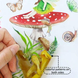 Detail of double-sided mushroom fairy window sticker showing colorful patterns on PET film
