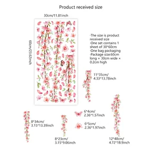 Pink peach blossom and butterfly static window cling stickers set with size chart details