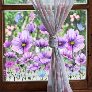 Purple Cosmos Flowers Butterfly Static Window Stickers Double Sided Waterproof PVC Glass Wall Decal For Living Room Home Decor