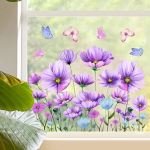Watercolor purple daisy and butterfly window decals for glass wall home decoration