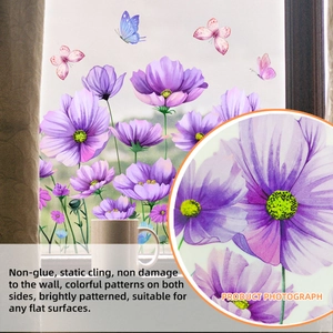 Static cling window sticker featuring purple cosmos flowers and butterflies on glass