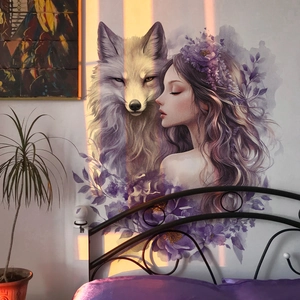Watercolor wall decal featuring a blonde girl with a wolf among purple flowers for bedroom