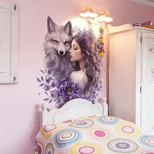 Watercolor wall sticker featuring a blonde girl and wolf with purple flowers for bedrooms