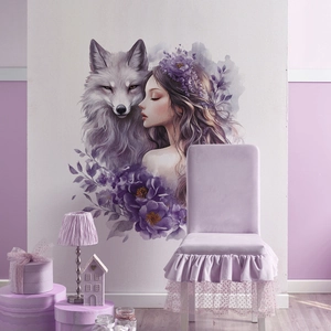 Dreamy watercolor wall sticker with purple flowers, blonde girl, and wolf for home decor