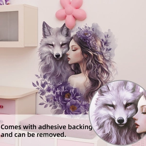 Detail showing adhesive backing and removable watercolor girl and fox wall sticker