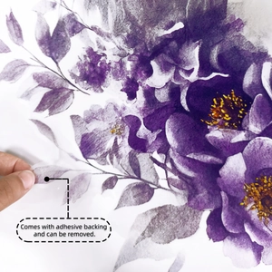 Detail of self-adhesive watercolor purple floral wall decal showing easy removal and edge