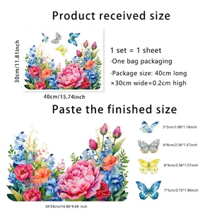 Stickers de fenêtre pivoines et papillons double face avec guide des dimensions