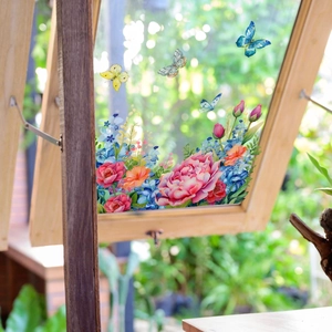 Autocollants de fenêtre statiques pivoines et papillons avec vue double face sur verre