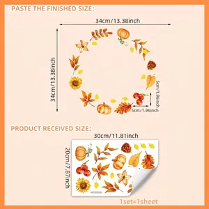 Detailed size chart showing dimensions of autumn leaf and sunflower wall stickers