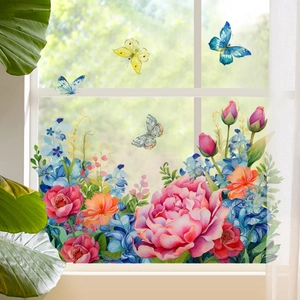Détail de stickers de fenêtre aquarelle avec papillons et fleurs de pivoines colorées