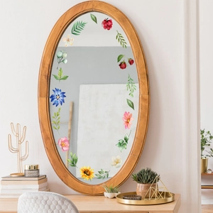 Floral mirror wall stickers with sunflowers and roses in a cozy bedroom setting