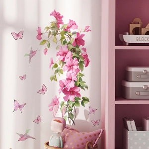 Pink morning glory flower wall decals with hummingbirds and butterflies for kids room