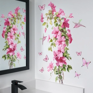 Pink floral and hummingbird mirror wall stickers for modern bedroom and bathroom decor