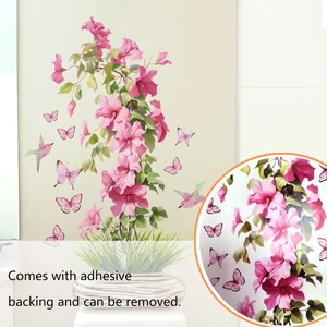 Detail of pink floral wall stickers with butterflies, hummingbirds and high print texture