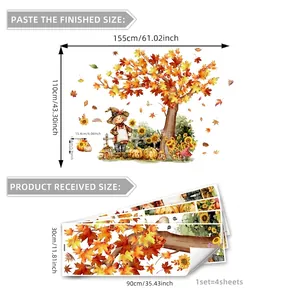 Autumn wall decals set with scarecrow and maple tree showing size and layout dimensions