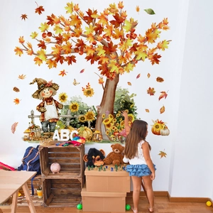 Autumn maple tree wall decal with scarecrow and sunflowers for kids room decor