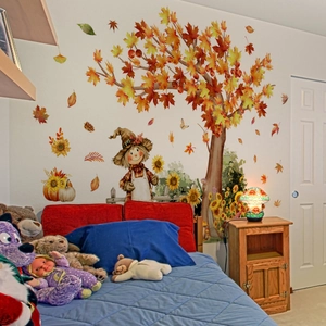Autumn themed wall stickers featuring a large maple tree, scarecrow, and sunflowers for kids room
