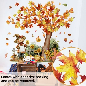 Detail of self-adhesive autumn wall decal showing maple tree texture and scarecrow