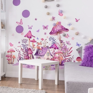 Vinilos infantiles de casa seta morada con zorros y conejos para cuarto de niños