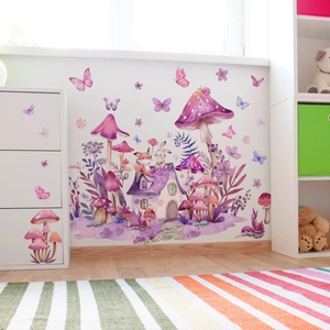 Detalle de vinilos decorativos de casa seta rosa y zorro en una habitación infantil