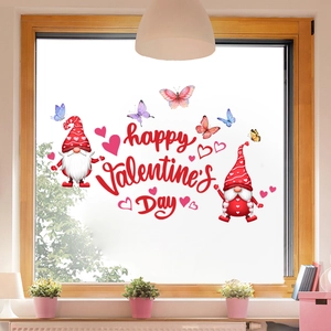 Stickers de fenêtre double face Happy Valentine's Day avec gnomes et papillons colorés
