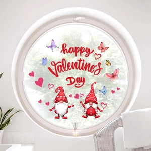 Stickers de fenêtre Saint-Valentin avec gnomes et papillons sur une vitre ronde décorative