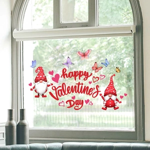 Détails des autocollants de fenêtre de Saint-Valentin avec gnomes, cœurs et papillons