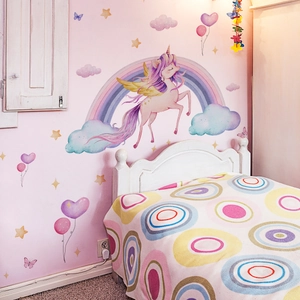Pink cartoon unicorn and rainbow wall decals for children's room decoration