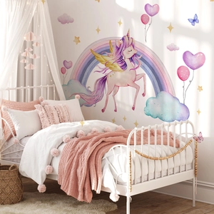 Watercolor unicorn wall decals with rainbow and star stickers for a pink girls' bedroom decor